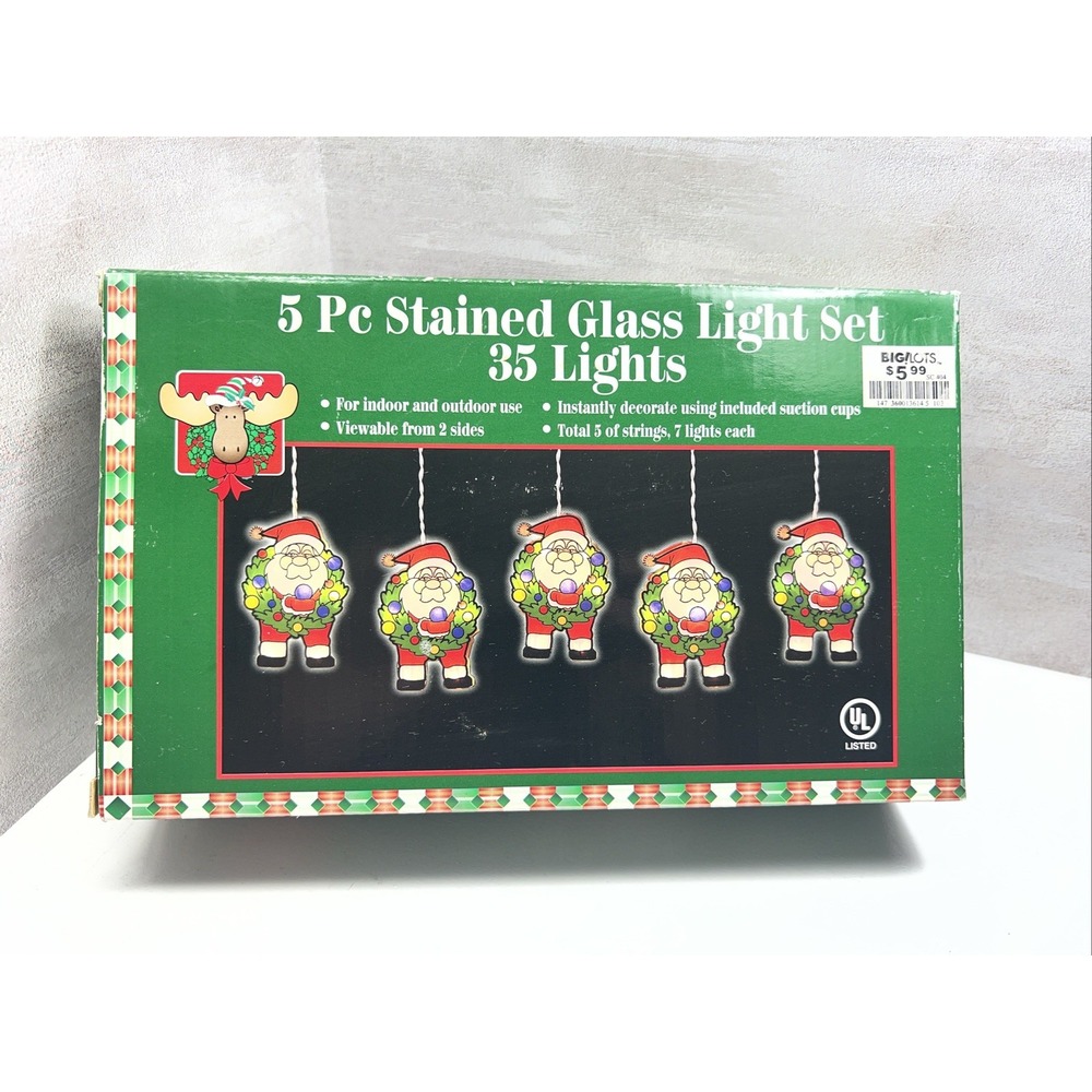 VTG 35 Light 5 PC Plastic Stained Glass Santa Light Set Indoor Outdoor NIB